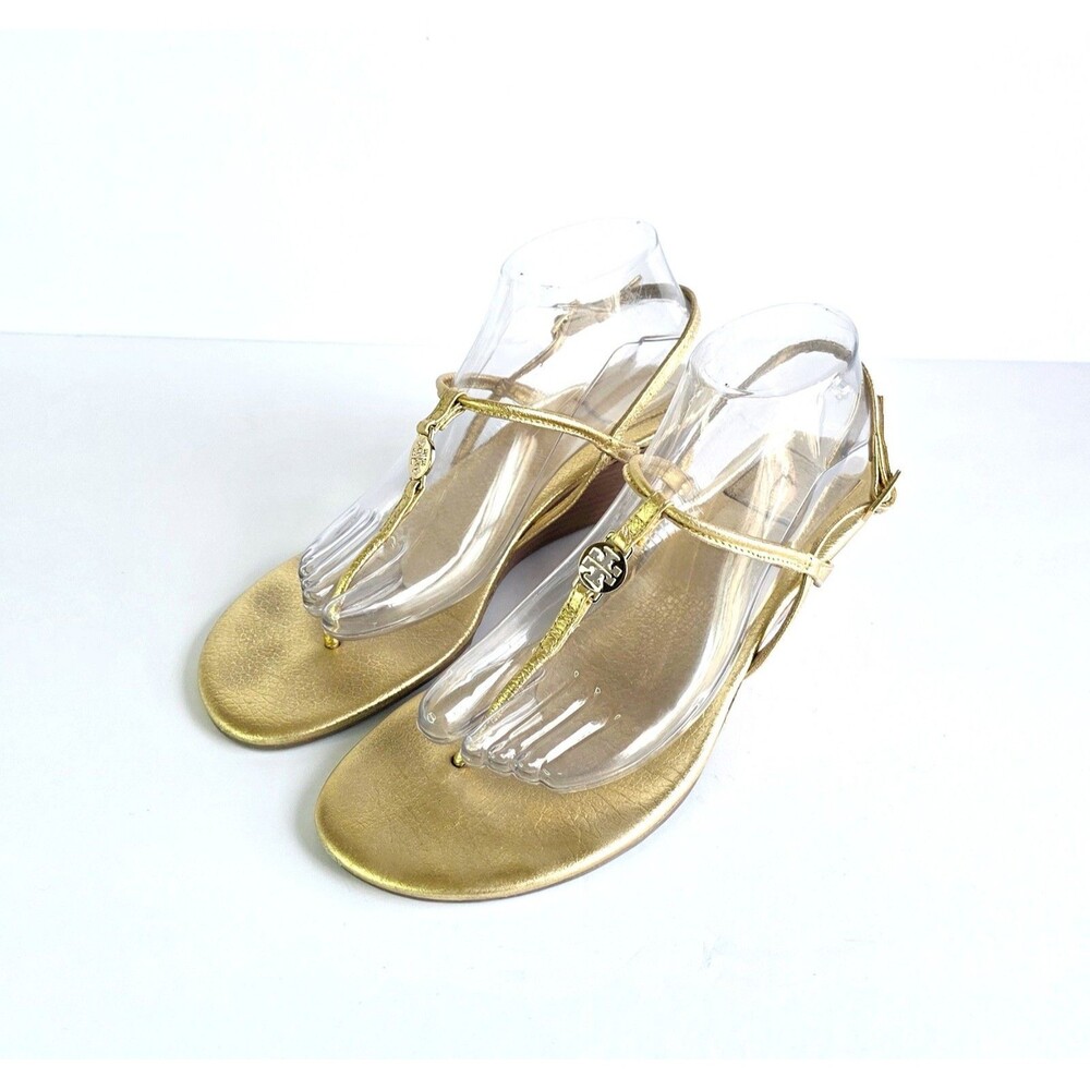 TORY BURCH Gold Emmy Wedge Sandals Metallic Leather Sz 10 Logo Ankle Strap